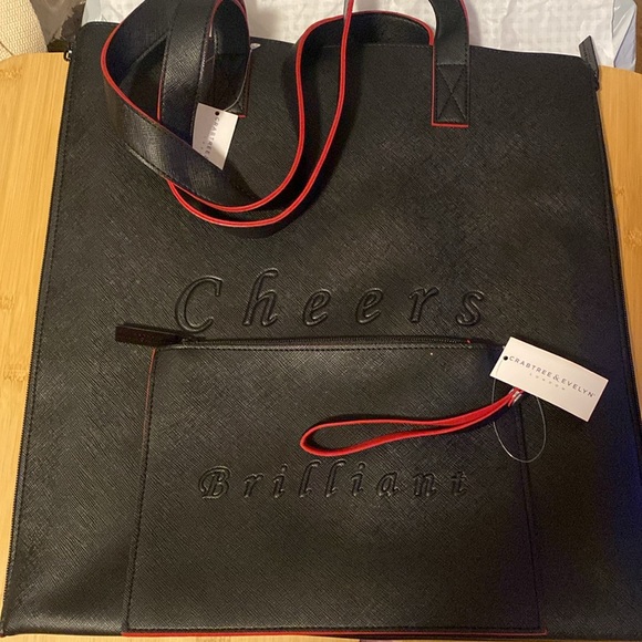 Crabtree & Evelyn Set of 🖤Black🖤”CHEERS” 👜Tote & “BRILLIANT” Wristlet/NWT - Picture 1 of 16